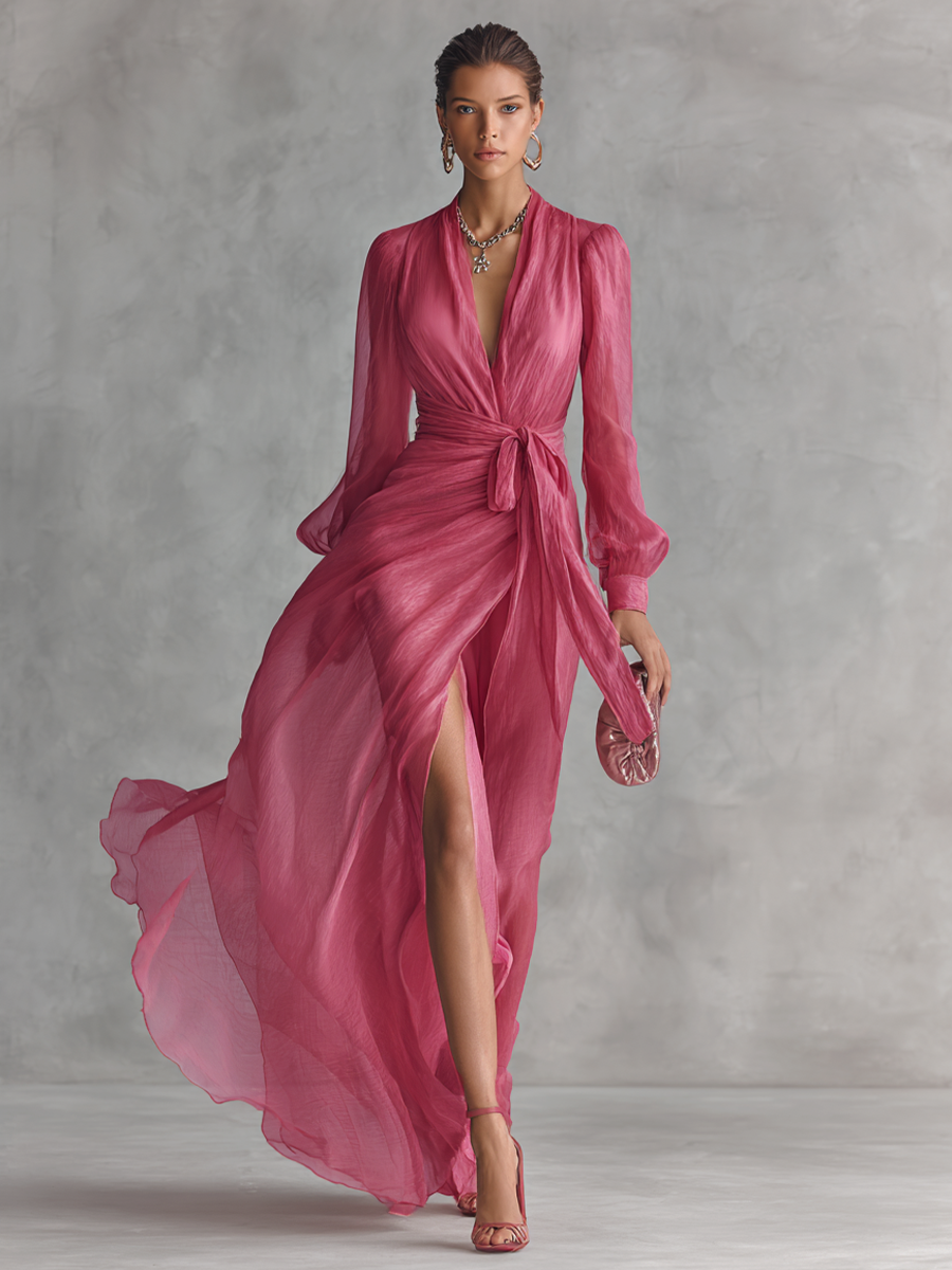 Dames elegante parelroze chiffon V-hals taillekoord lange jurk