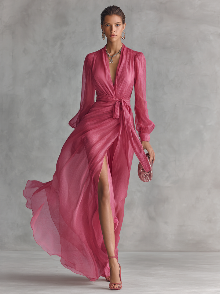 Dames elegante parelroze chiffon V-hals taillekoord lange jurk