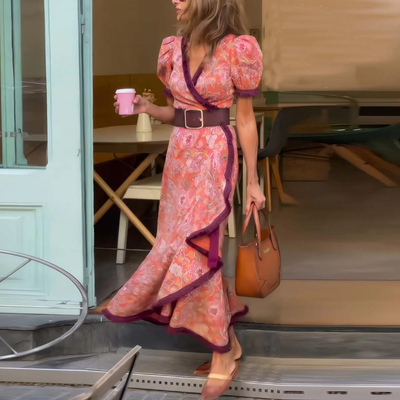 Elegante Roze Maxi Jurk met Korte Mouwen
