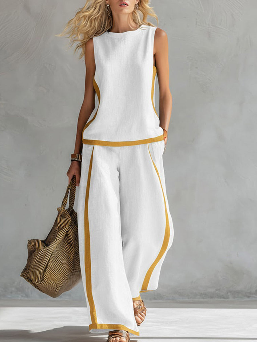 Dames ronde hals mouwloze casual losse top en hooggetaillede losse wijde broek van katoen en linnen set