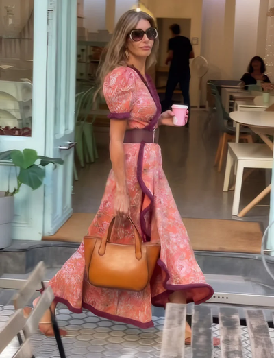 Elegante Roze Maxi Jurk met Korte Mouwen