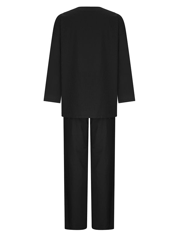 Effen Kleur Losse Lange Mouwen Ronde Hals Shirts Top + Touwkoord Broek Bottom Tweedelige Set