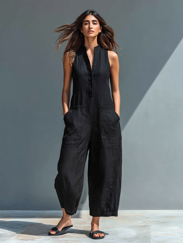 Dames Minimalistische Linnenblend Jumpsuit met knoopsluiting, opstaande kraag, mouwloos, losse pasvorm