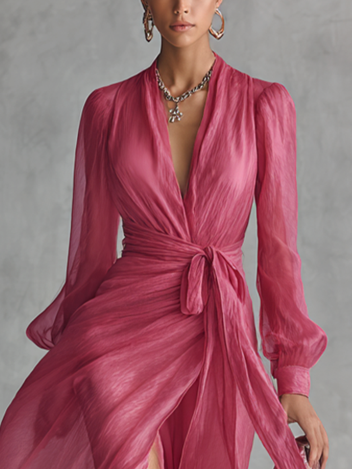 Dames elegante parelroze chiffon V-hals taillekoord lange jurk