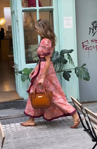 Elegante Roze Maxi Jurk met Korte Mouwen