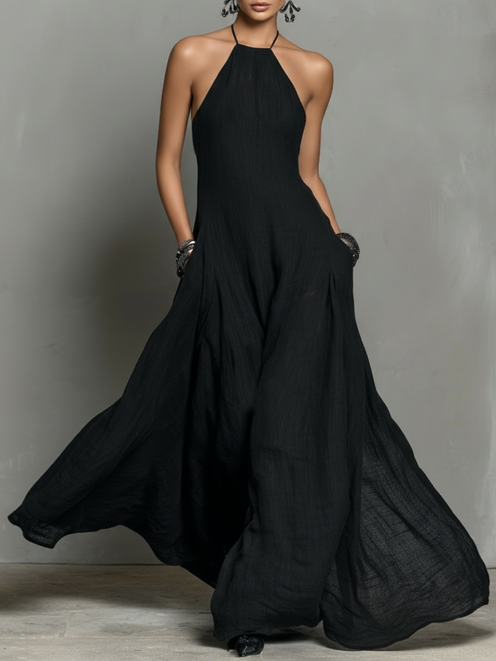 Dames Minimalistische Linnenblend Halternek Mouwloze Maxi-jurk