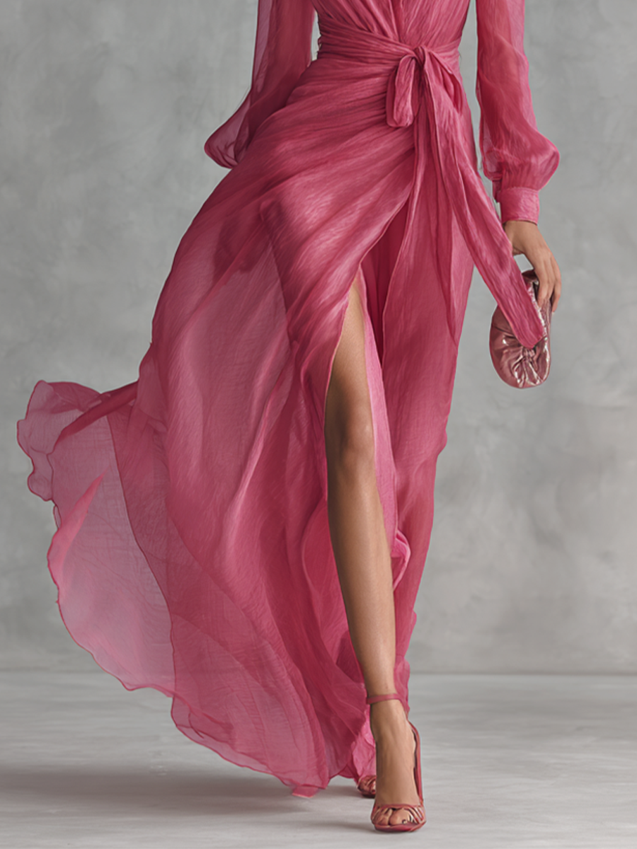 Dames elegante parelroze chiffon V-hals taillekoord lange jurk