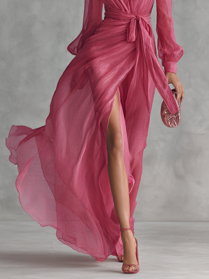 Dames elegante parelroze chiffon V-hals taillekoord lange jurk