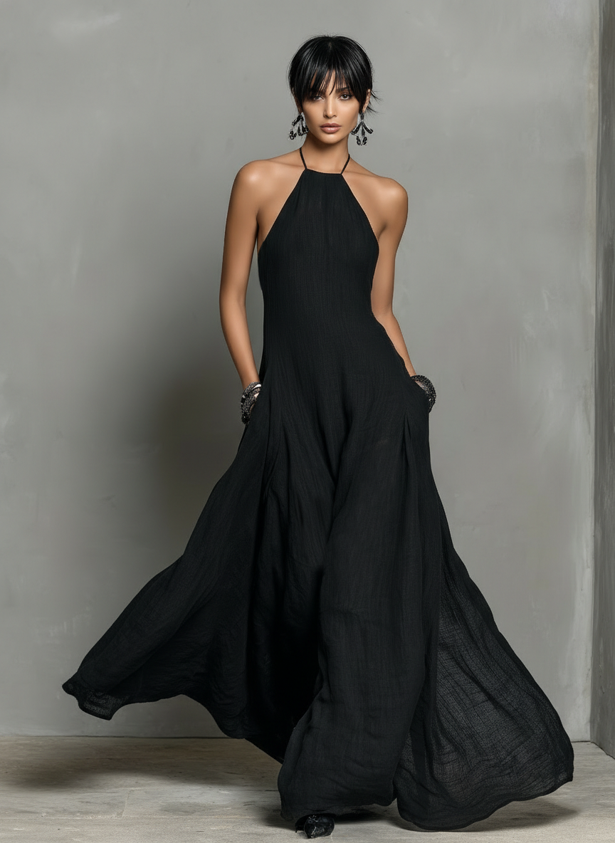 Dames Minimalistische Linnenblend Halternek Mouwloze Maxi-jurk