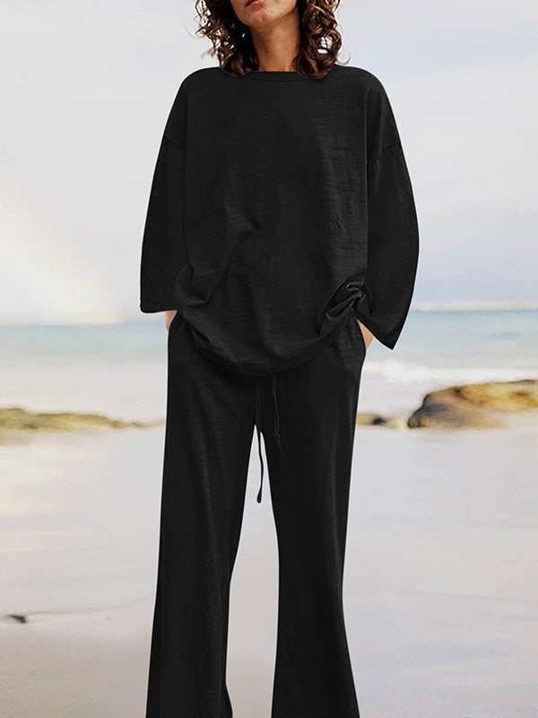 Effen Kleur Losse Lange Mouwen Ronde Hals Shirts Top + Touwkoord Broek Bottom Tweedelige Set