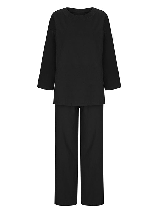 Effen Kleur Losse Lange Mouwen Ronde Hals Shirts Top + Touwkoord Broek Bottom Tweedelige Set