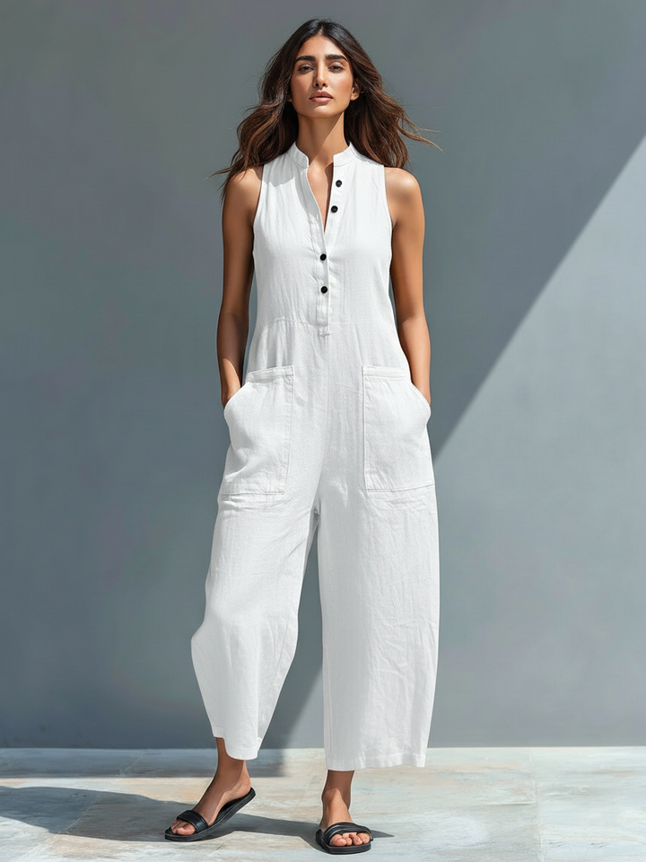 Dames Minimalistische Linnenblend Jumpsuit met knoopsluiting, opstaande kraag, mouwloos, losse pasvorm