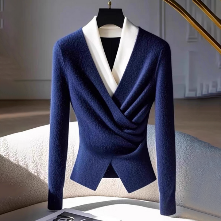 Blauwe opgerold polo met V-hals en lange mouwen