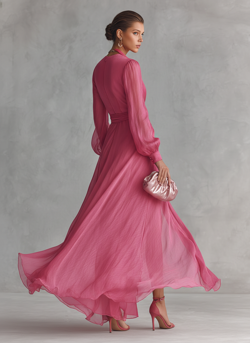 Dames elegante parelroze chiffon V-hals taillekoord lange jurk