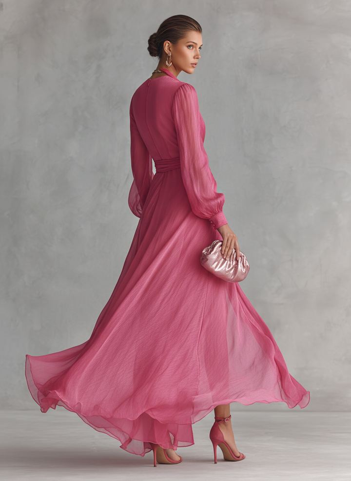 Dames elegante parelroze chiffon V-hals taillekoord lange jurk