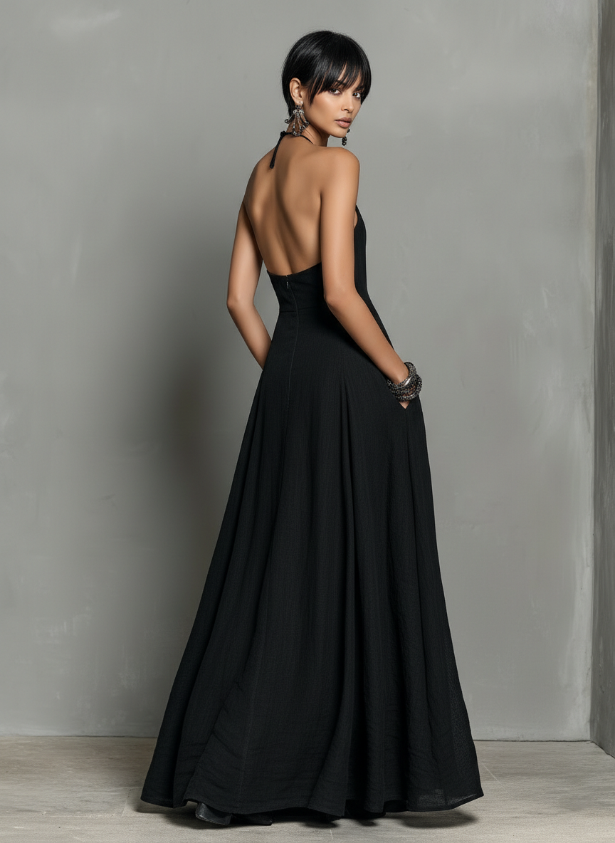 Dames Minimalistische Linnenblend Halternek Mouwloze Maxi-jurk