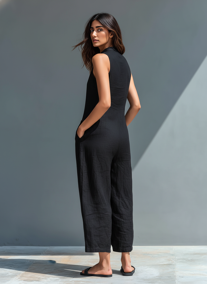Dames Minimalistische Linnenblend Jumpsuit met knoopsluiting, opstaande kraag, mouwloos, losse pasvorm