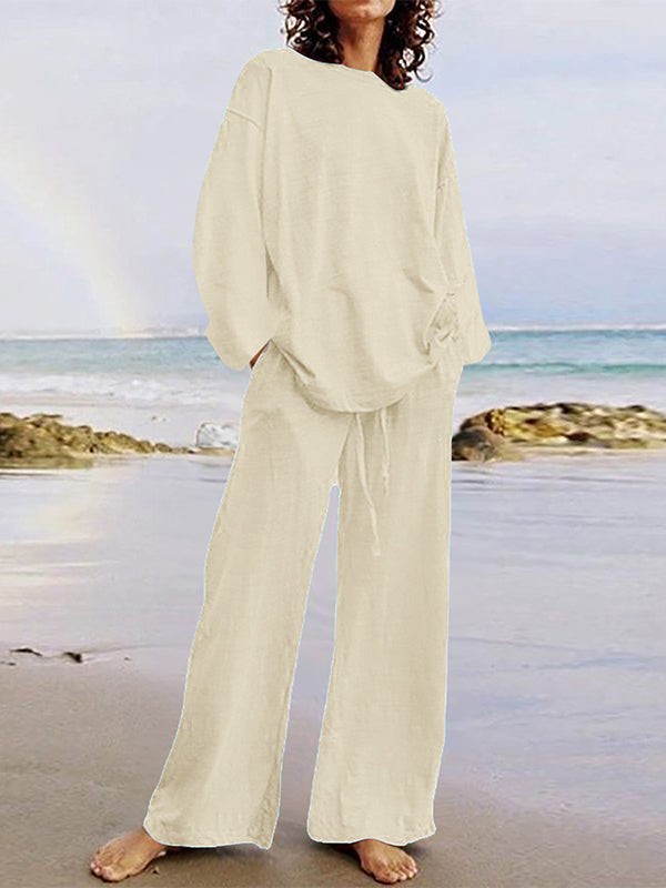 Effen Kleur Losse Lange Mouwen Ronde Hals Shirts Top + Touwkoord Broek Bottom Tweedelige Set