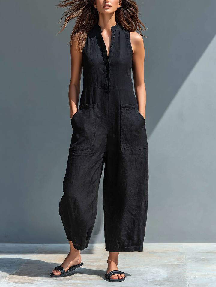Dames Minimalistische Linnenblend Jumpsuit met knoopsluiting, opstaande kraag, mouwloos, losse pasvorm