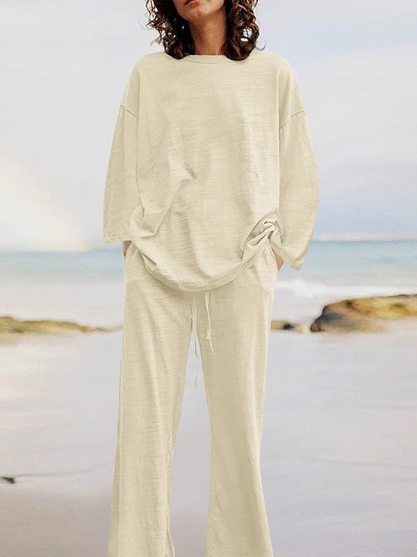Effen Kleur Losse Lange Mouwen Ronde Hals Shirts Top + Touwkoord Broek Bottom Tweedelige Set