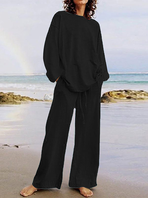 Effen Kleur Losse Lange Mouwen Ronde Hals Shirts Top + Touwkoord Broek Bottom Tweedelige Set