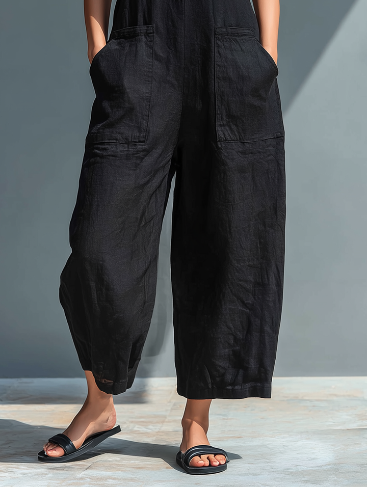Dames Minimalistische Linnenblend Jumpsuit met knoopsluiting, opstaande kraag, mouwloos, losse pasvorm