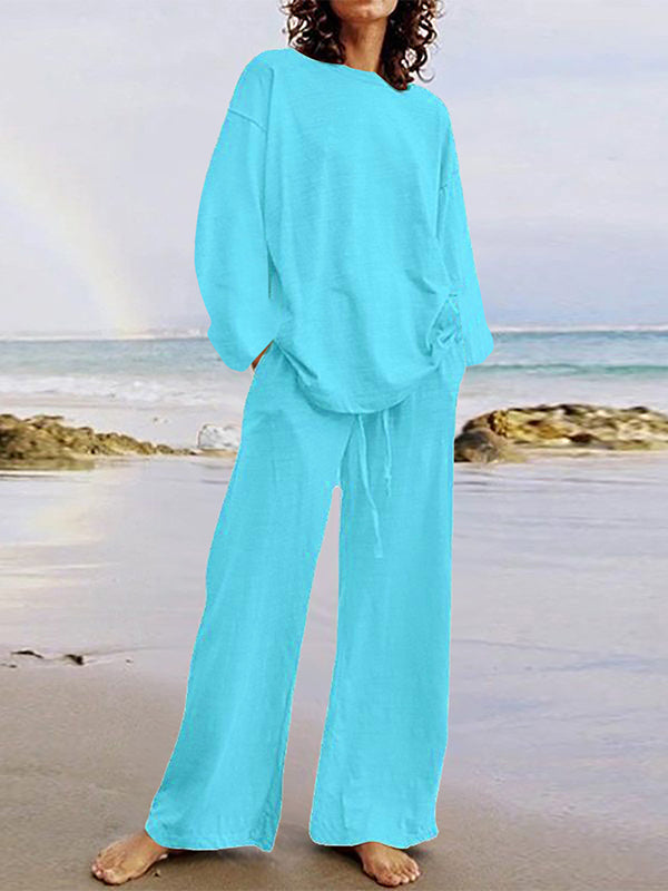 Effen Kleur Losse Lange Mouwen Ronde Hals Shirts Top + Touwkoord Broek Bottom Tweedelige Set