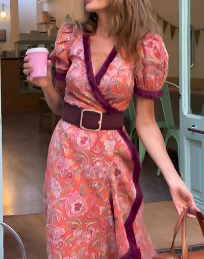 Elegante Roze Maxi Jurk met Korte Mouwen