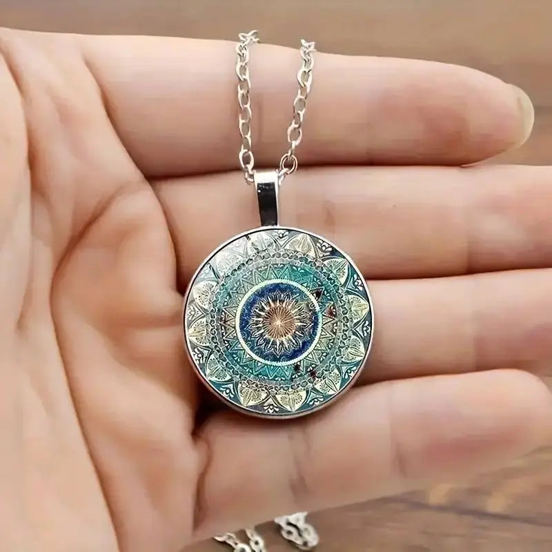 Blauwe mandala-ketting met afgeronde vorm vintage