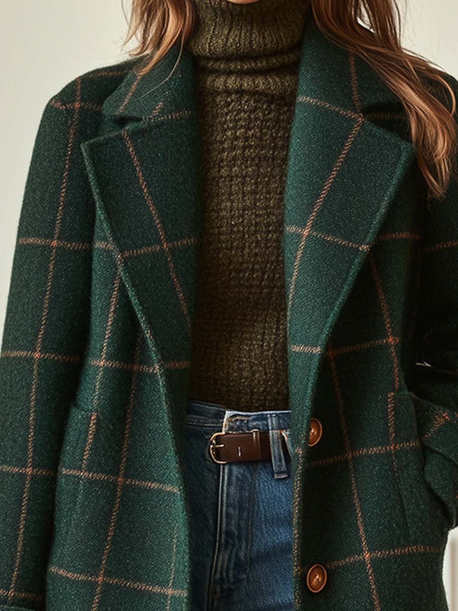 Dames Retro Modelkraag Geruite Tweed Jas