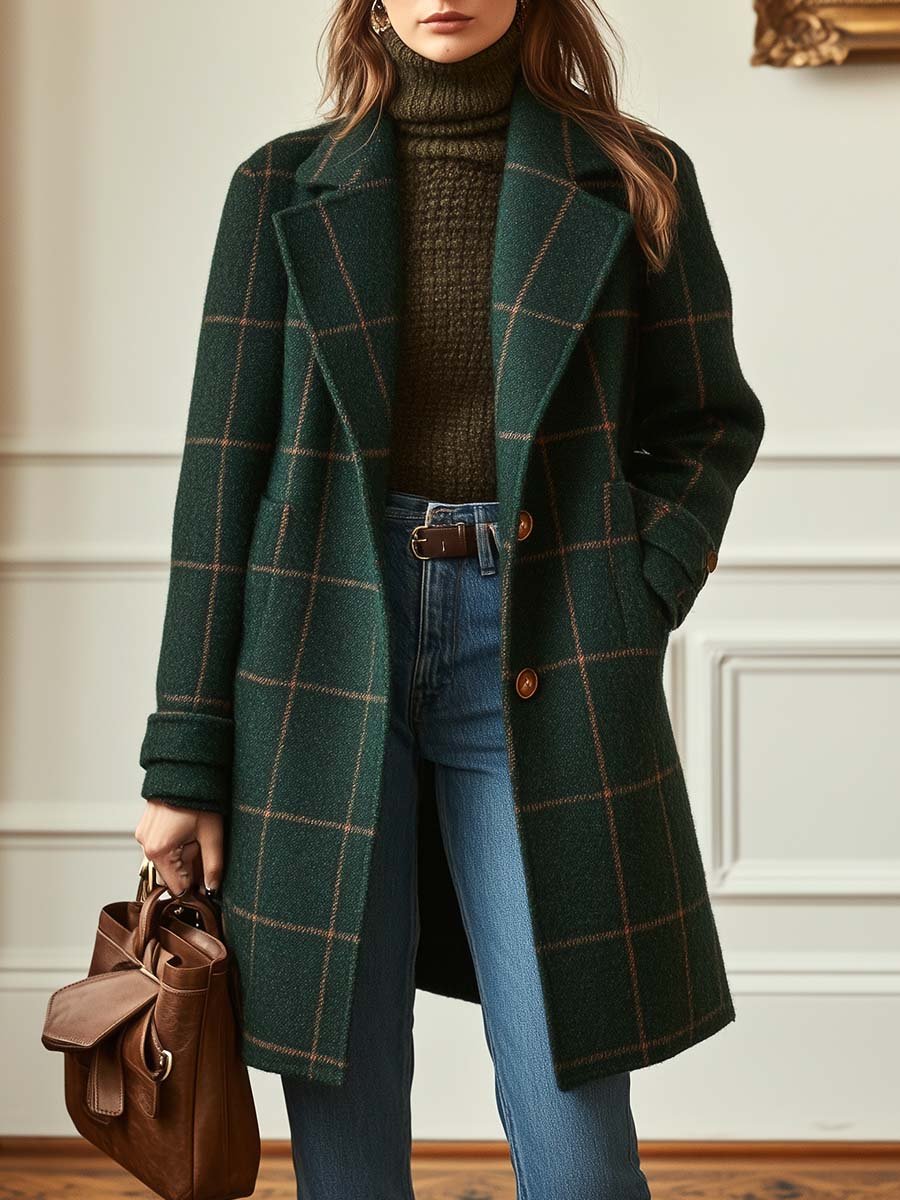 Dames Retro Modelkraag Geruite Tweed Jas