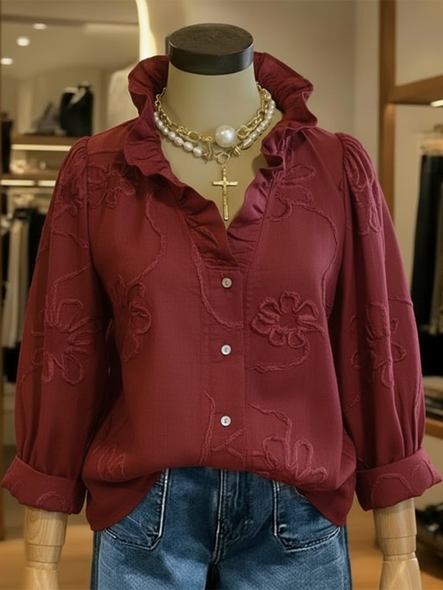 Casual romantische geruffelde kraag katoenen blouse