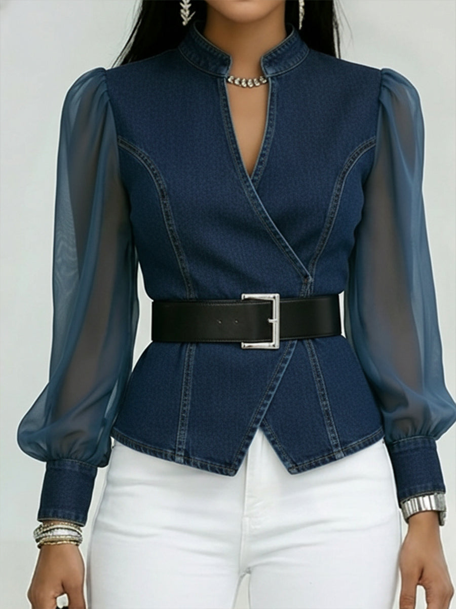 Elegante, slim-fit denim-top met organza-mouwen