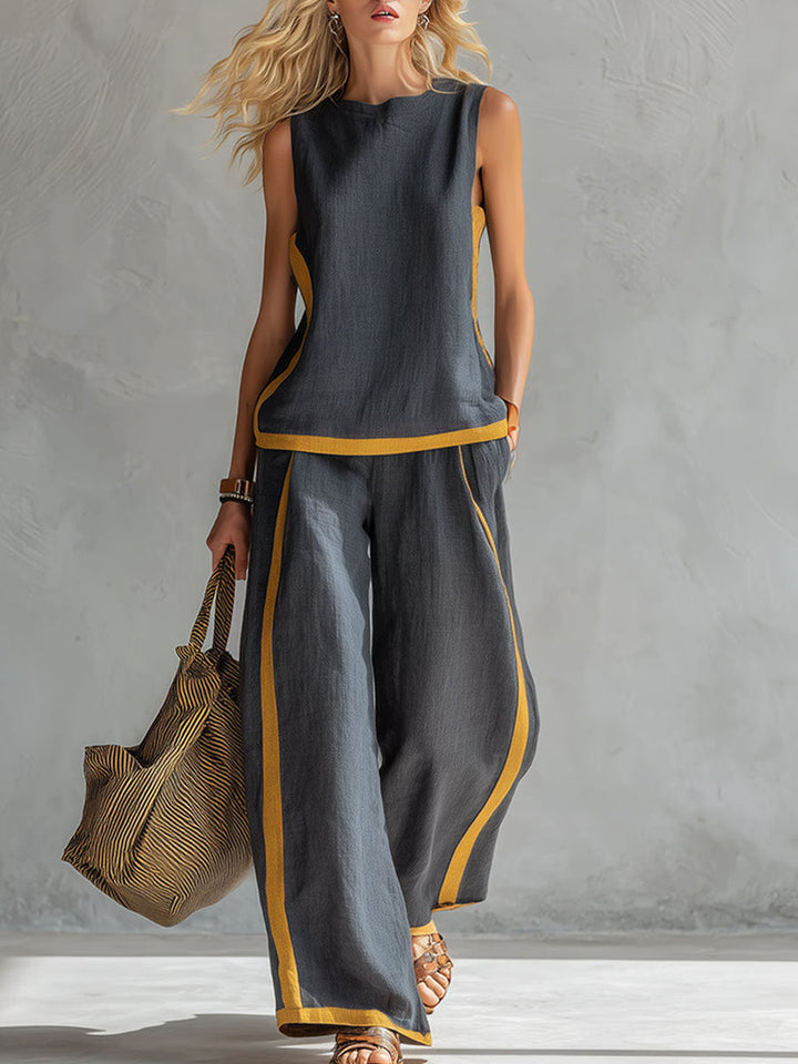 Dames ronde hals mouwloze casual losse top en hooggetaillede losse wijde broek van katoen en linnen set