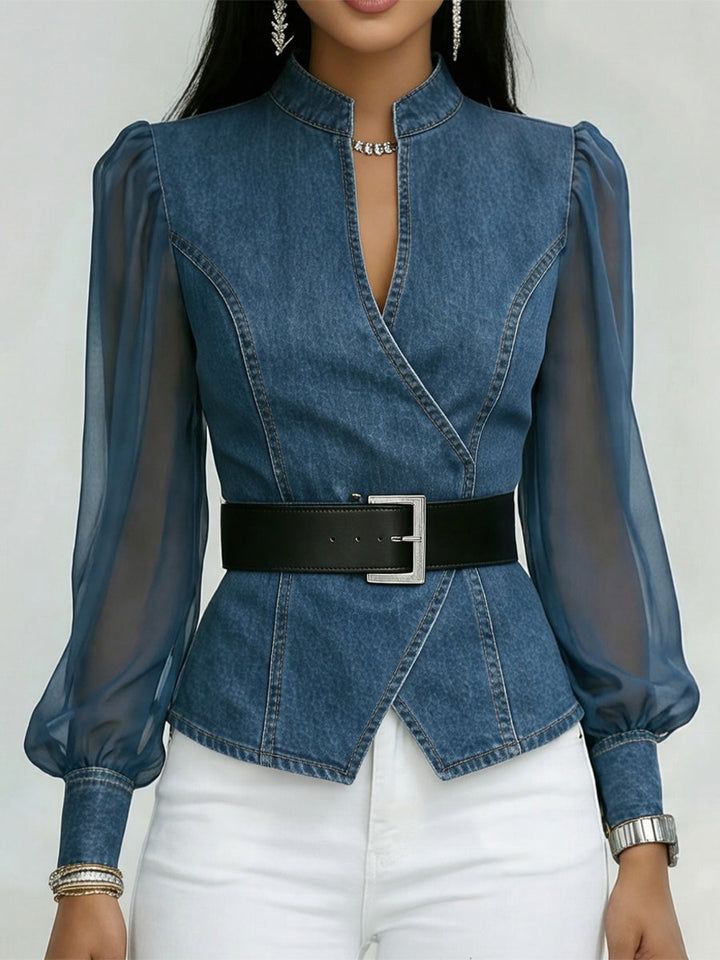 Elegante, slim-fit denim-top met organza-mouwen