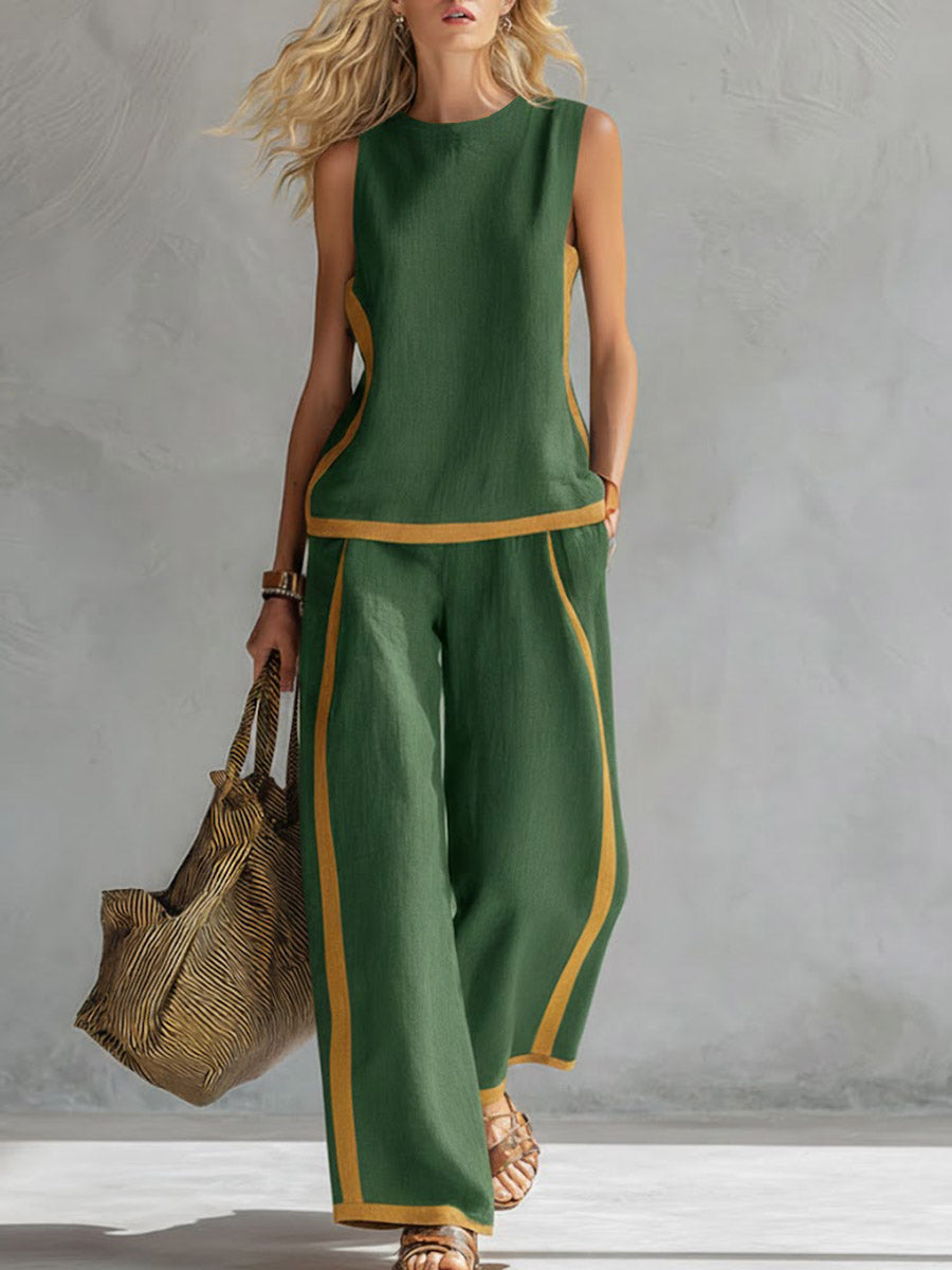 Dames ronde hals mouwloze casual losse top en hooggetaillede losse wijde broek van katoen en linnen set
