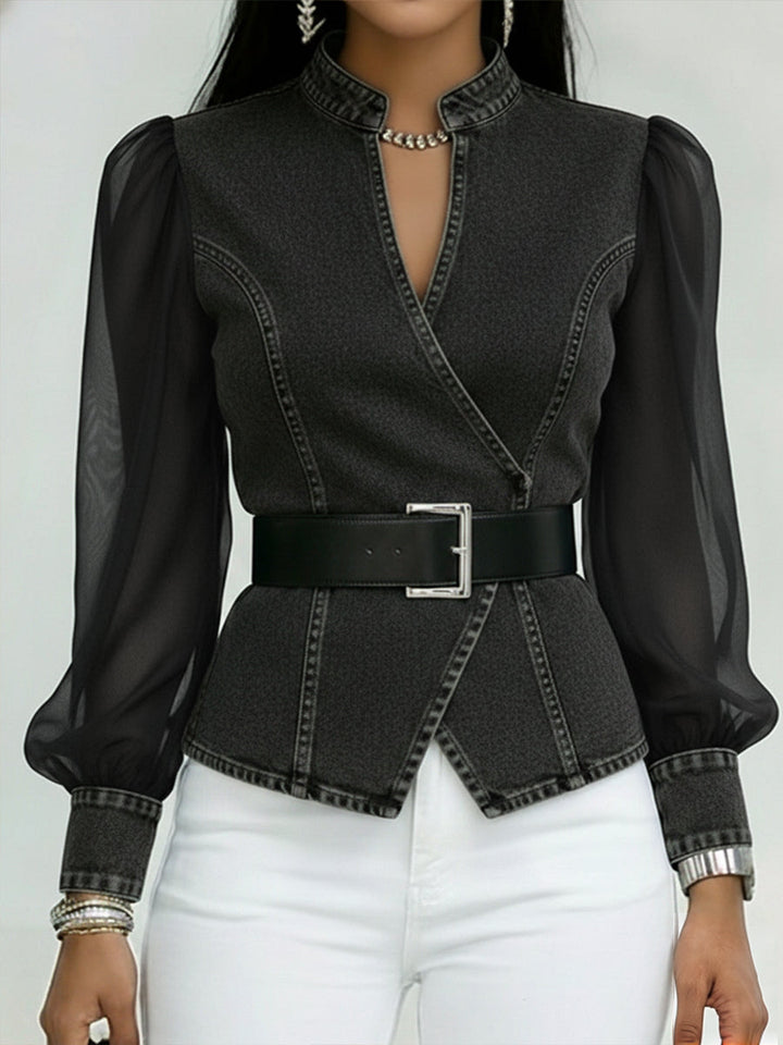 Elegante, slim-fit denim-top met organza-mouwen