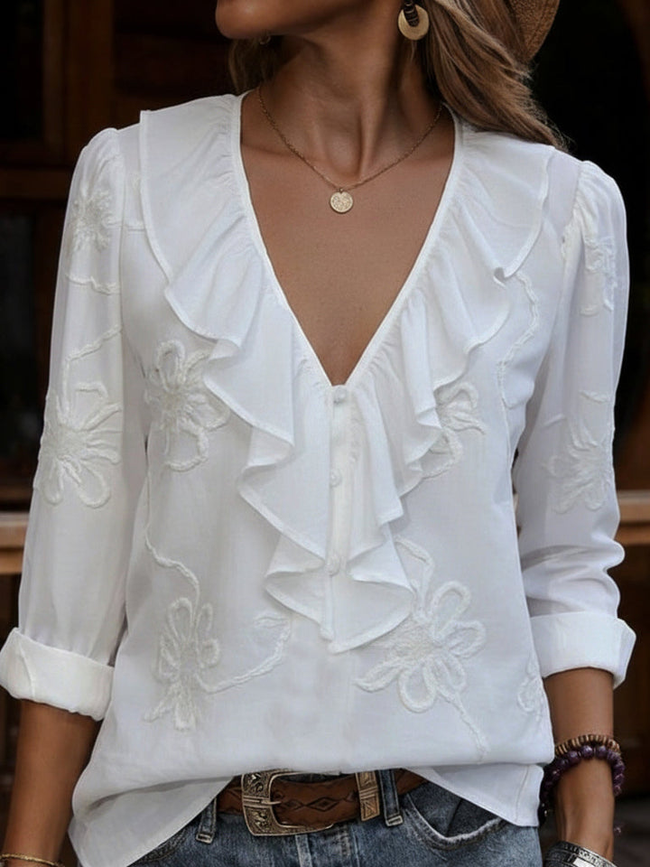 Vintage blouse met ruches, V-hals en geborduurde bloemen