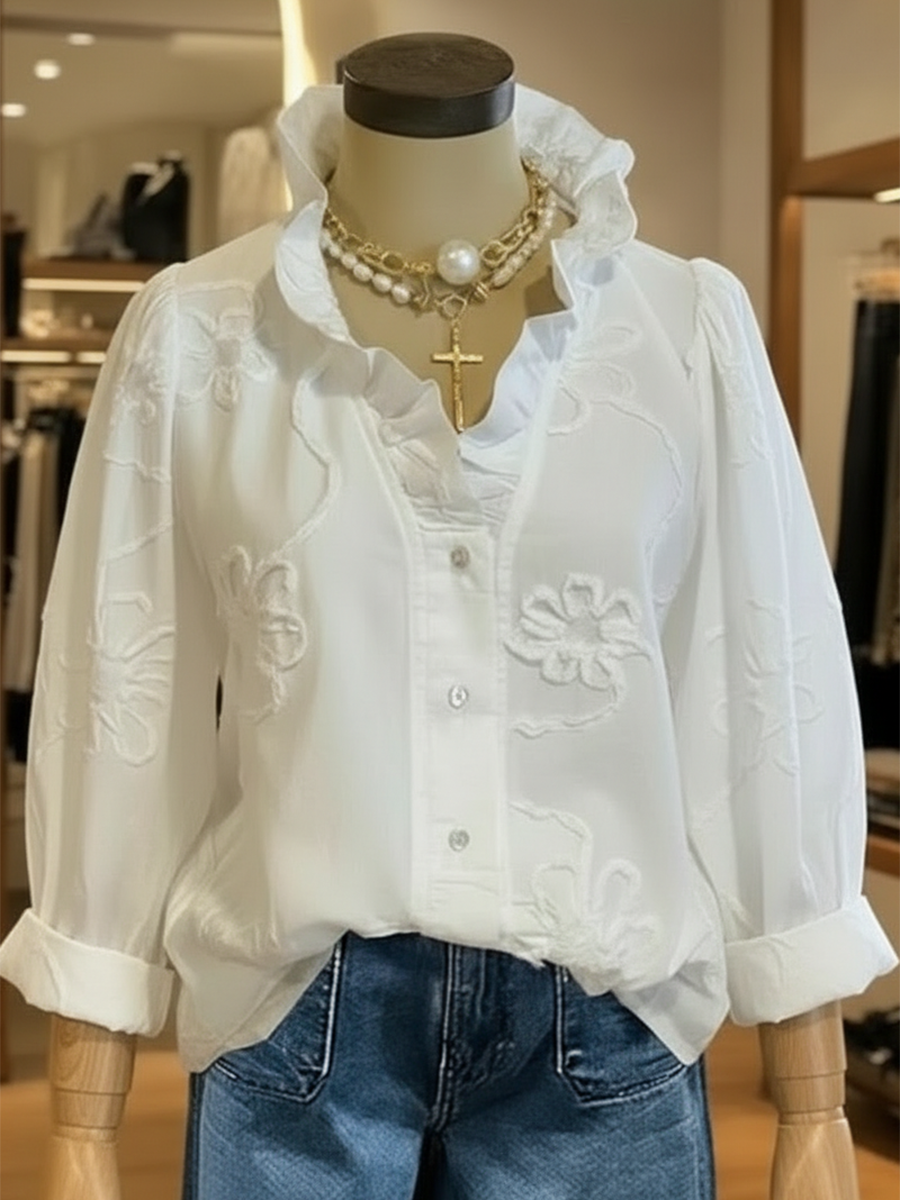 Casual romantische geruffelde kraag katoenen blouse
