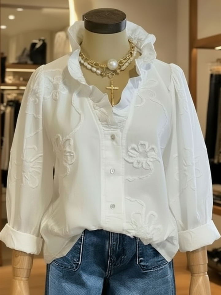 Casual romantische geruffelde kraag katoenen blouse
