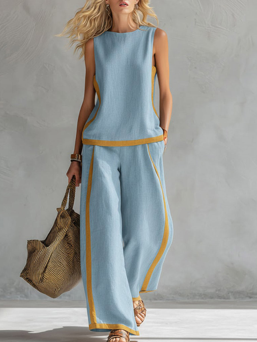 Dames ronde hals mouwloze casual losse top en hooggetaillede losse wijde broek van katoen en linnen set