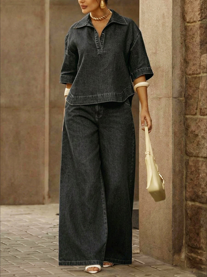 Dames Casual Denim-top van 100% katoen en broek met wijde pijpen - Tweedelige set