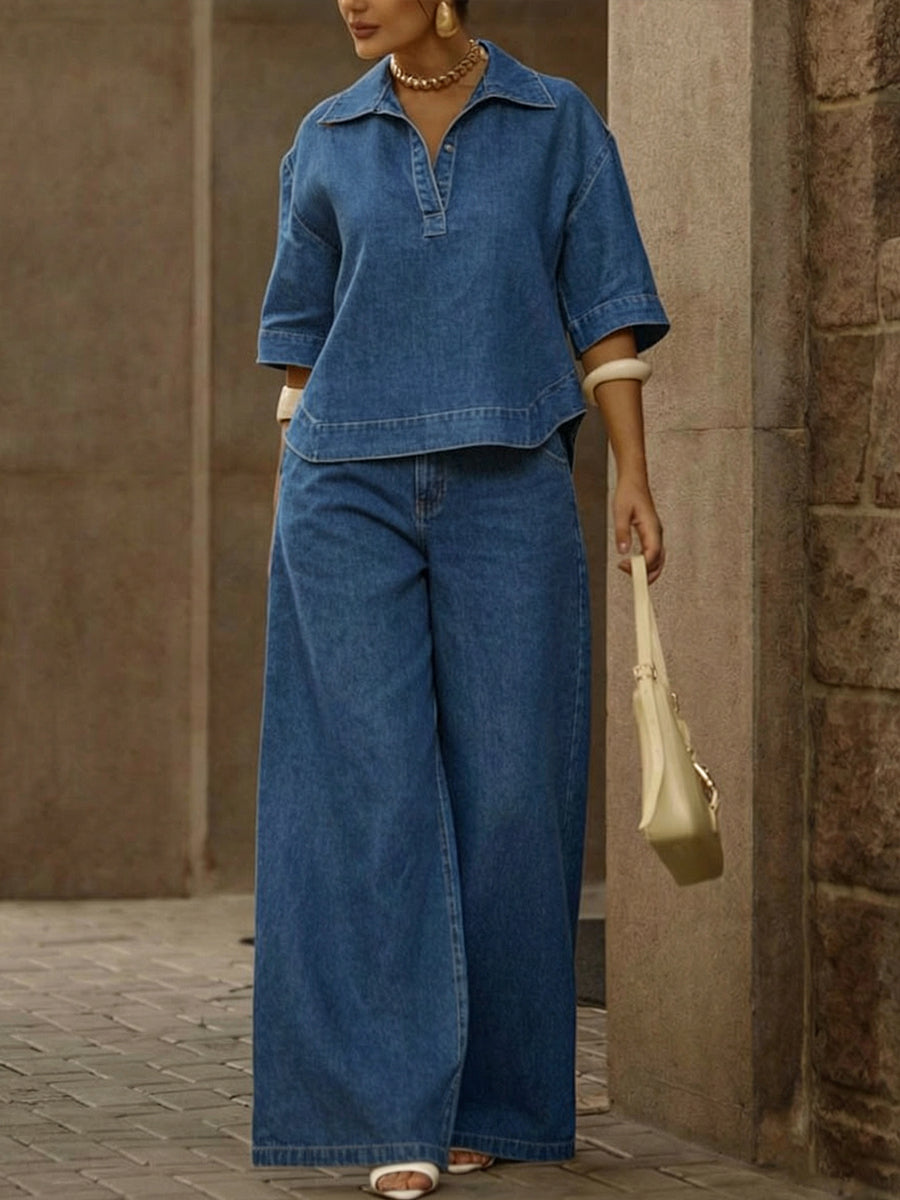 Dames Casual Denim-top van 100% katoen en broek met wijde pijpen - Tweedelige set