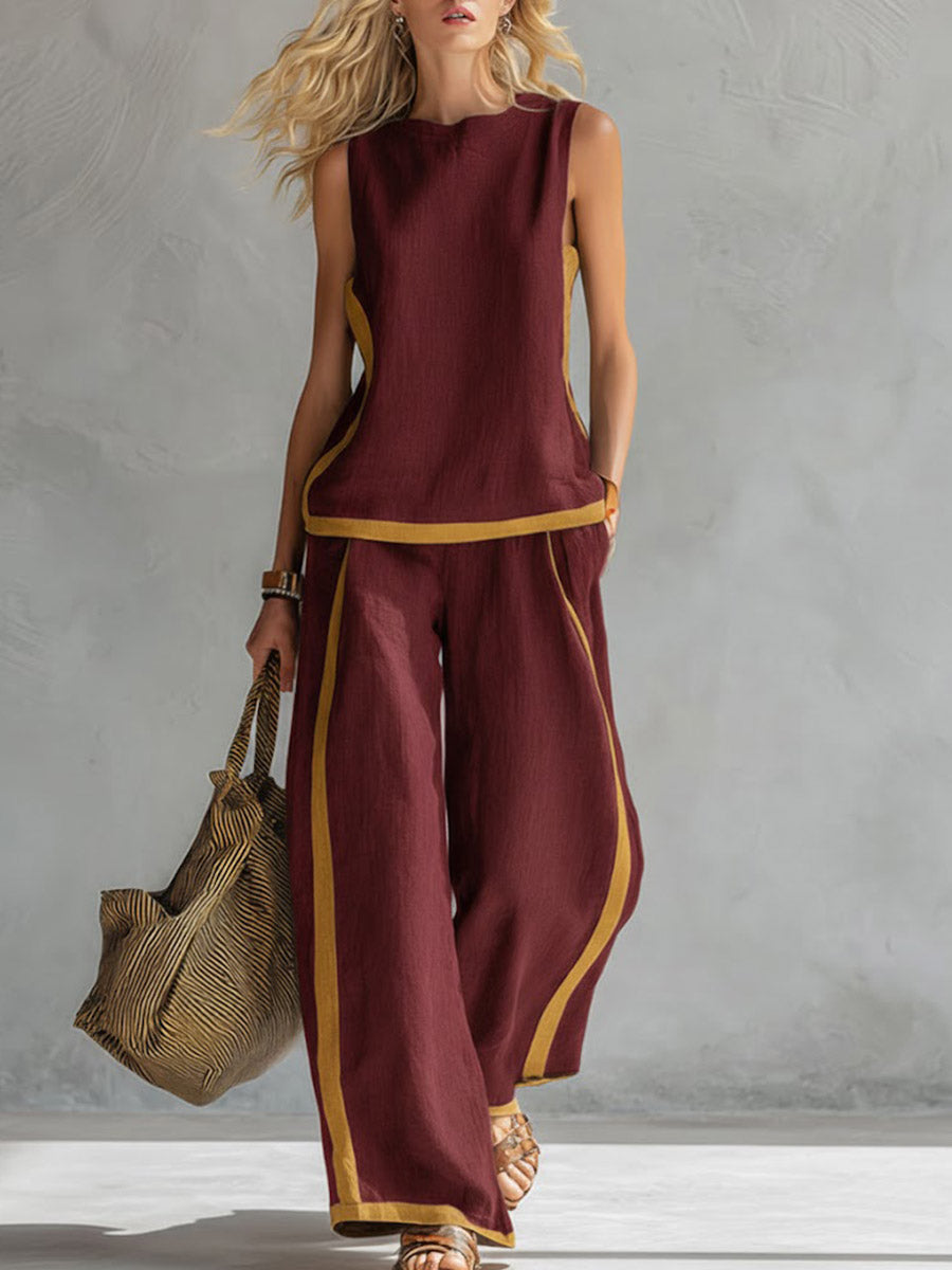 Dames ronde hals mouwloze casual losse top en hooggetaillede losse wijde broek van katoen en linnen set