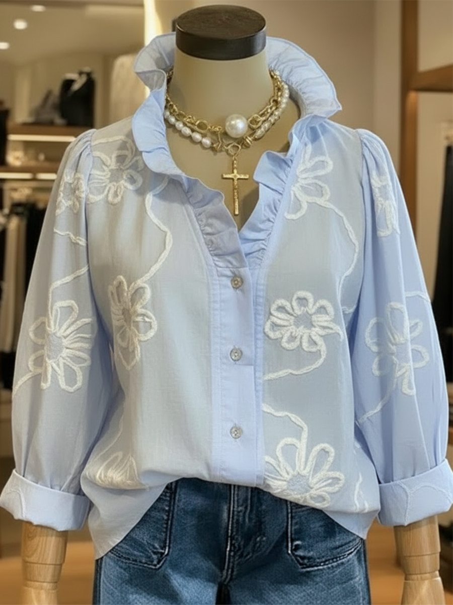 Casual romantische geruffelde kraag katoenen blouse