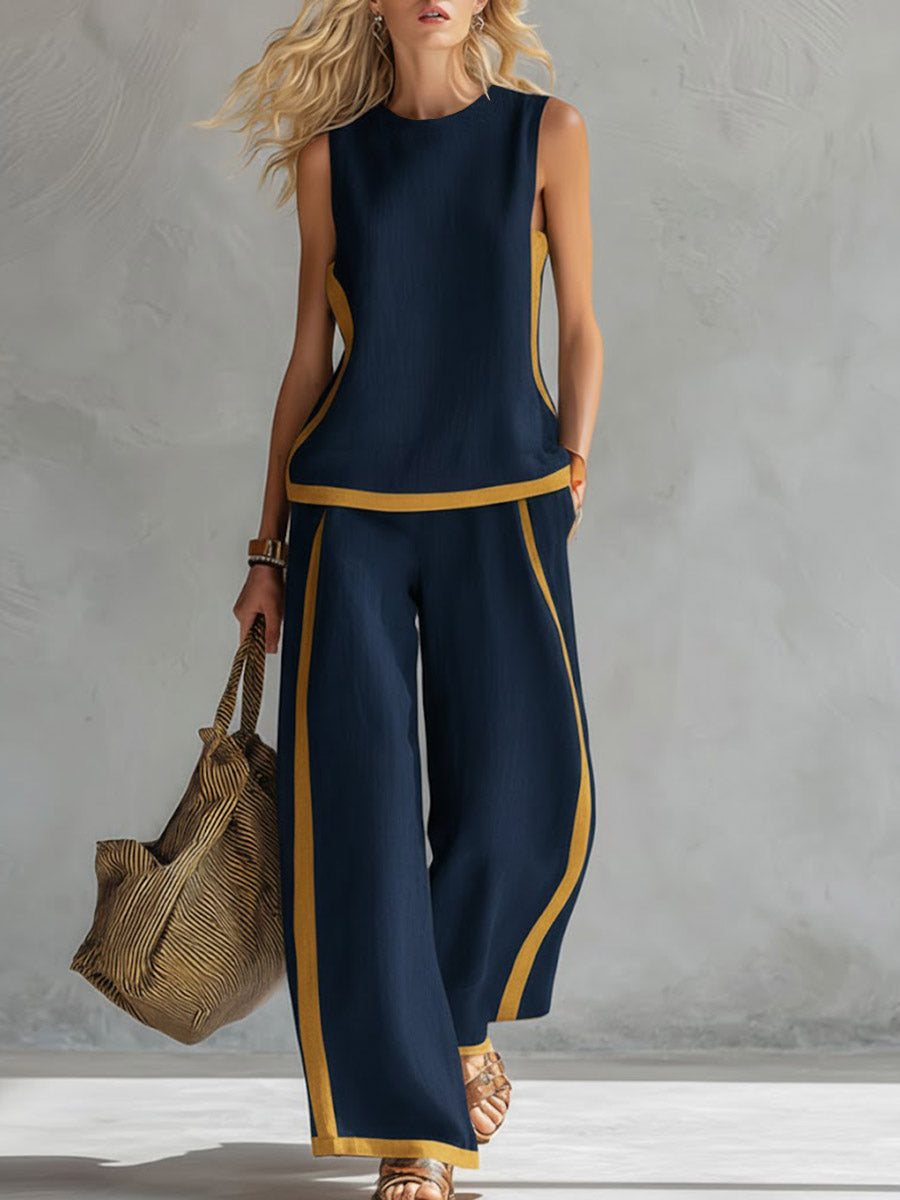Dames ronde hals mouwloze casual losse top en hooggetaillede losse wijde broek van katoen en linnen set