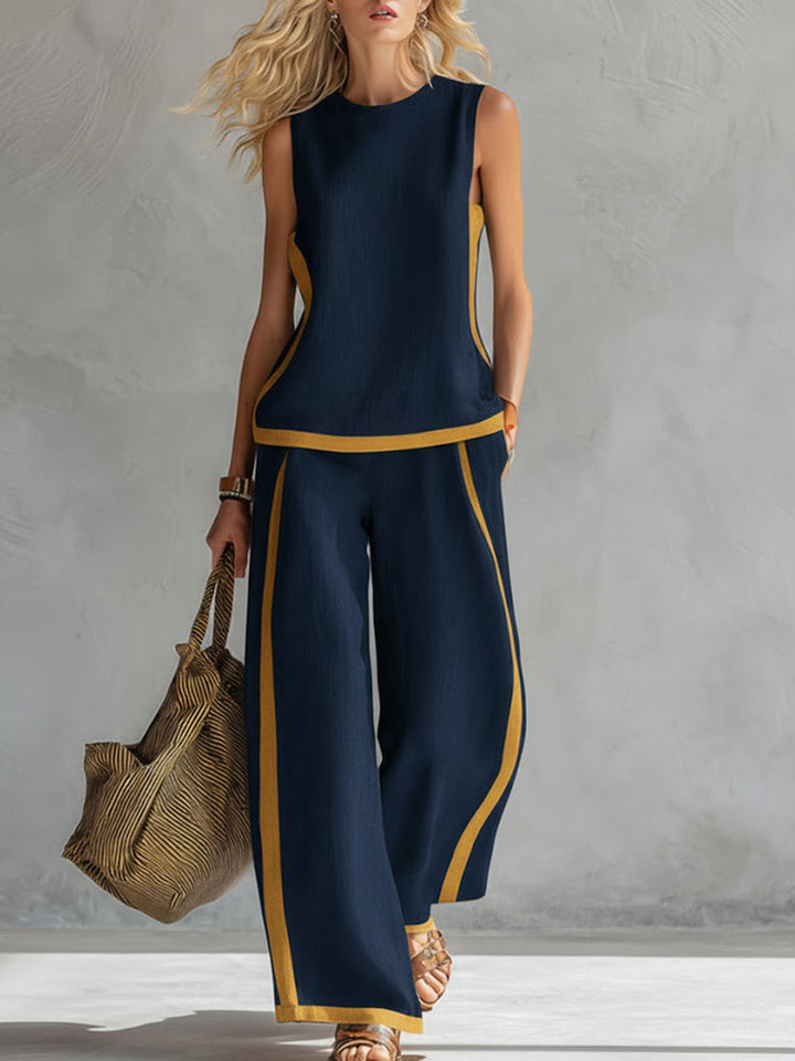 Dames ronde hals mouwloze casual losse top en hooggetaillede losse wijde broek van katoen en linnen set