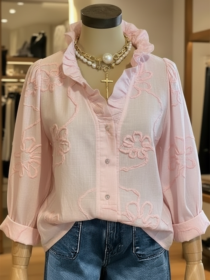 Casual romantische geruffelde kraag katoenen blouse