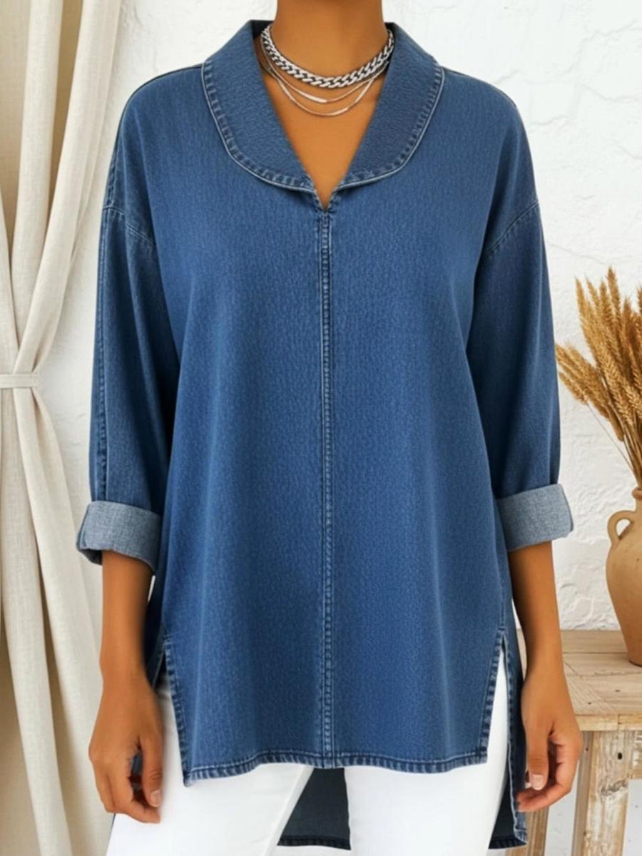 retro top met sjaalkraag van denim-katoen