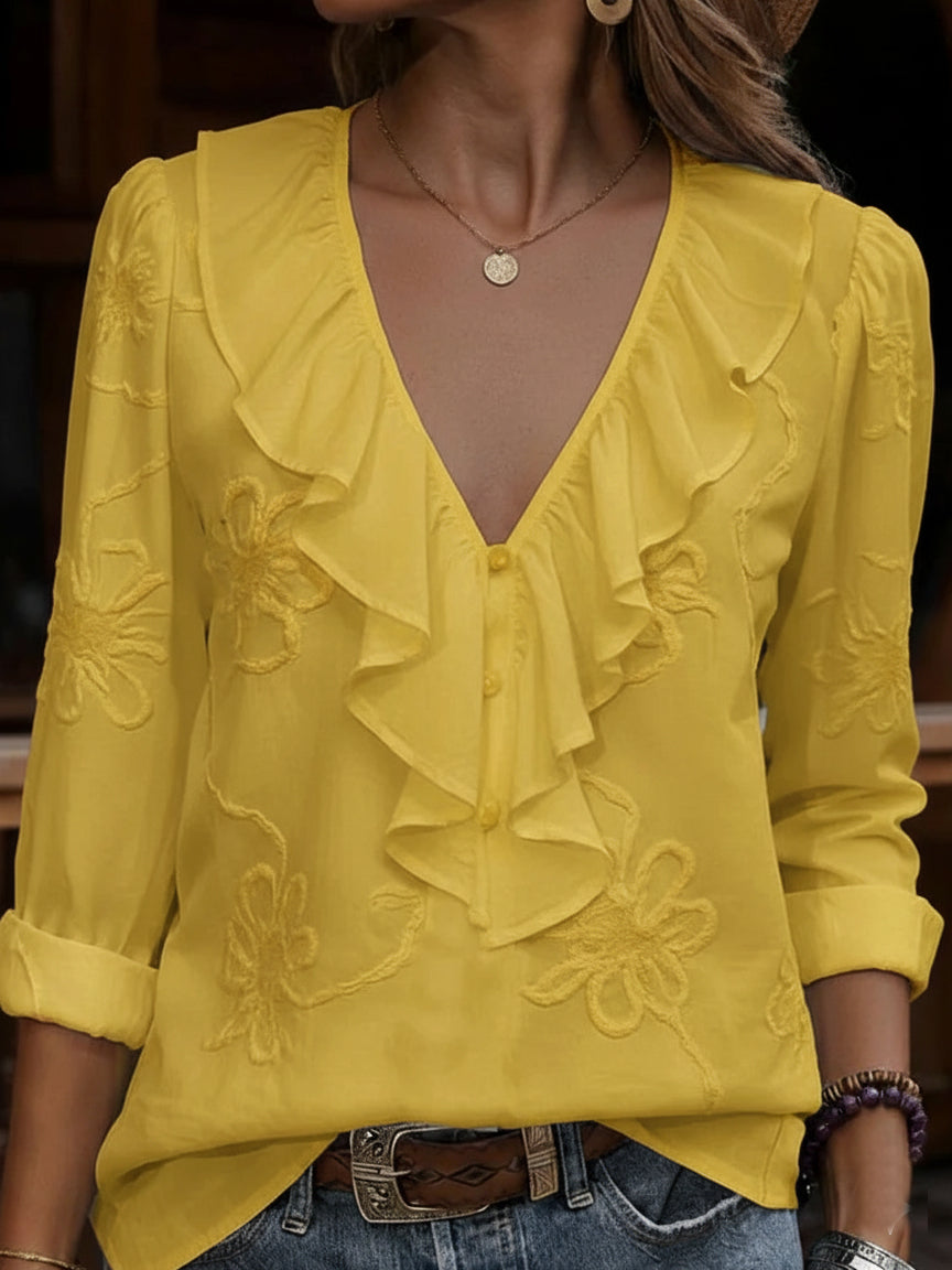 Vintage blouse met ruches, V-hals en geborduurde bloemen